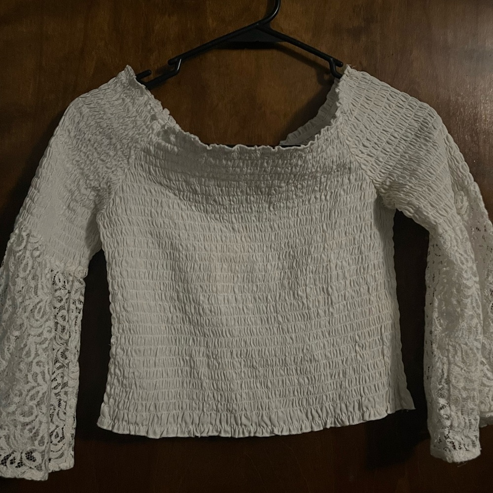True Destiny White Smocked Blouse with Lace Sleeves